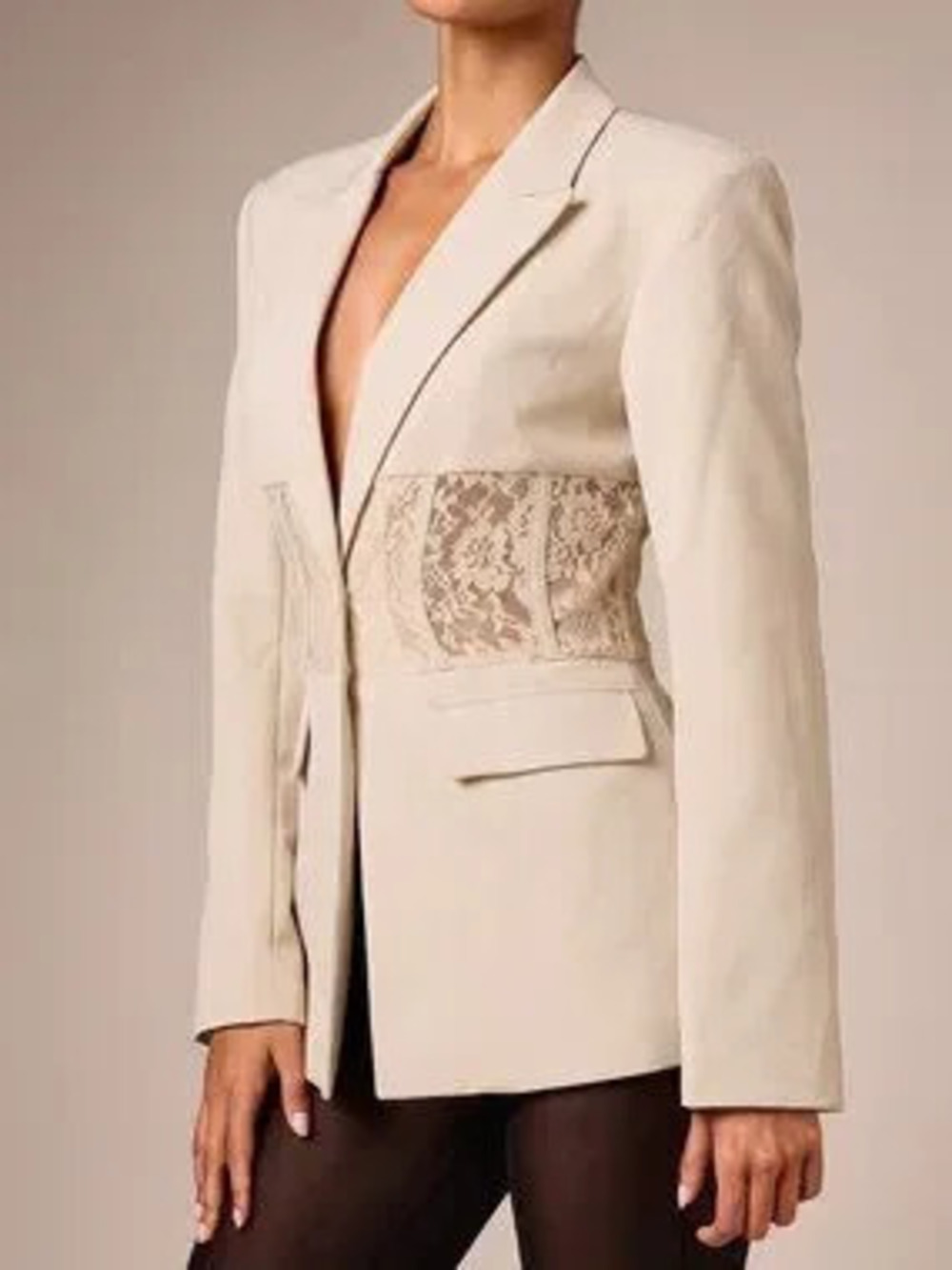 Cream Elegant Women's Lace Corset Panel Blazer Jacket With Deep V Neck